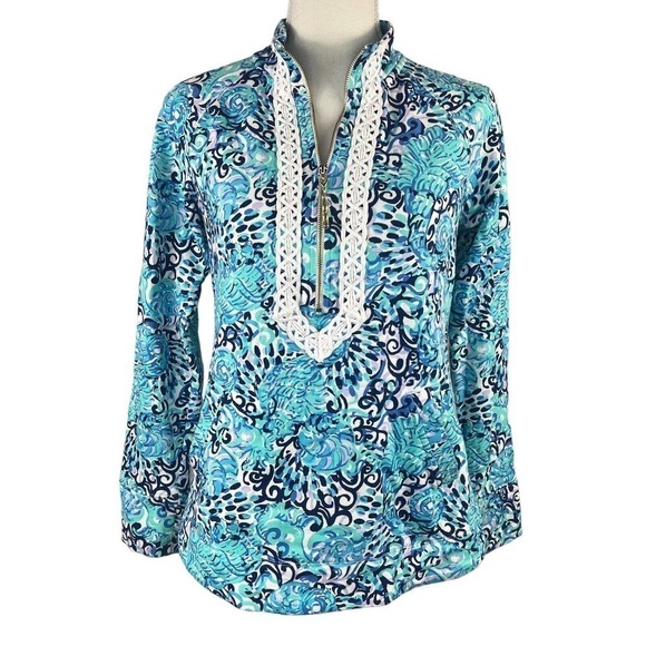 Lilly Pulitzer Blue Janie Pop Over Quarter Zip Sweatshirt Size XS UPF 50 - Picture 1 of 14